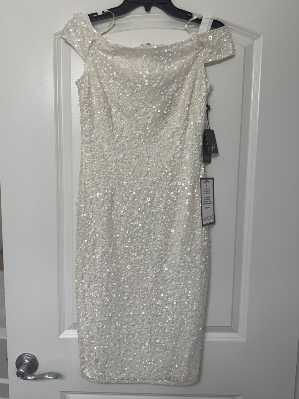 Adrianna Papell Ivory Off-Shoulder Sequin Midi Dress